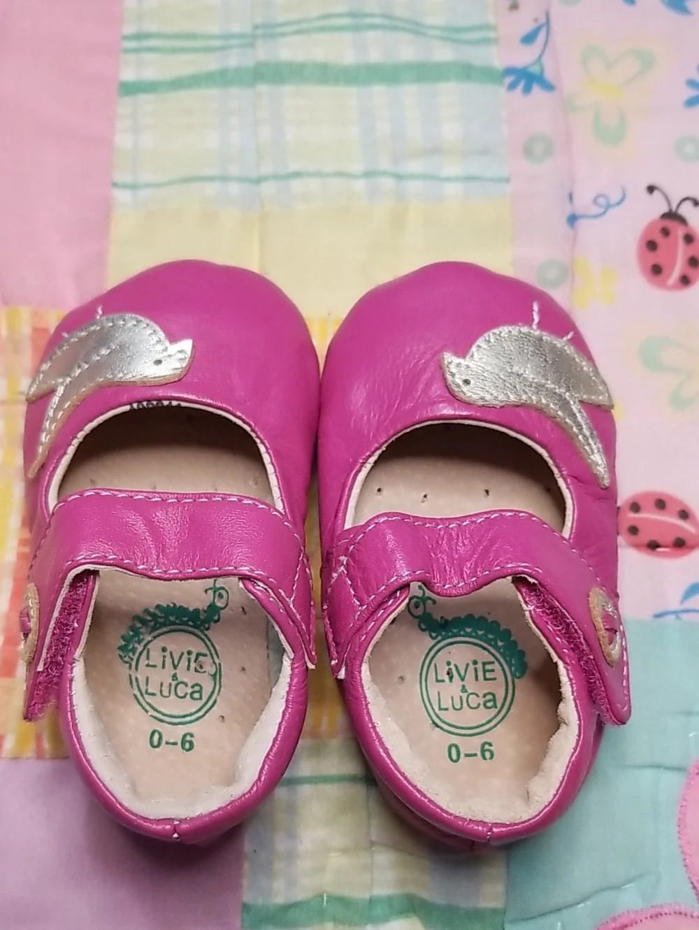 Livie & Luca Pink Leather Mary Janes with Silver Leather Bird 0-6 Month Pio Pio